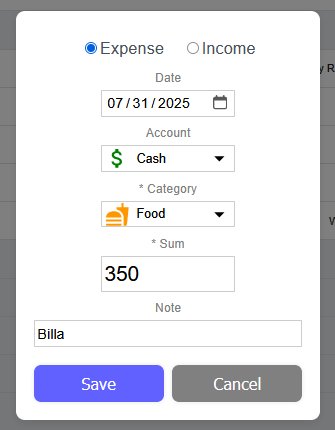 FamBudget Transaktionen, Hinzufügen einer Transaktion