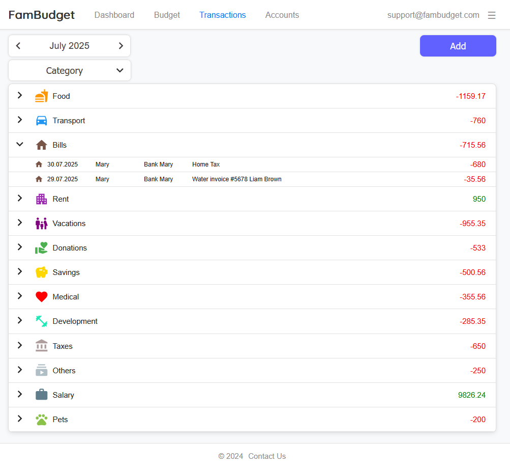 FamBudget - Gruppierung von Transaktionen nach Kategorie